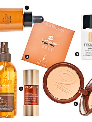 1. Giorgio Armani Maestro Liquid Summer sk 15. 69,50e/30ml. 2. Kertakäyttöinen Diego Dalla Palma Supermask Icon Time Anti-age -kuitukangasnaamio 20e/1kpl. 3. Clinique Blend It Yourself Pigment Drops -neste 37,50e/10ml. 4. Piz Buin Wet Skin Transparent Sun Spray sk 30. 21,50e/150ml. 5. Clarins Radiance-Plus Golden Glow Booster on itseruskettava tiiviste. 32e/15ml. 6. Vita Liberata Trystal Pressed Minerals on itseruskettava aurinkopuuteri. 33,90e/7g.