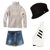 Palmikkoneule 325 e, ’S Max Mara. Kipparilakki on villaa 34,99 e, Esprit. Farkkusortsit 140 e, Diesel. Superstar-varsitennarit 140 e, Adidas Originals.