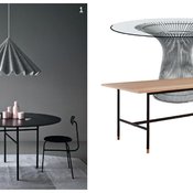 1. Menun Snaregade-pöytä ja Dancing-valaisin ovat upea kokonaisuus, Ø 140 cm, 1 844 e, Finnish Design Shop. 2. Knollin Platner-pöytä on ikuinen klassikko, 4 582 e, Vepsäläinen. 3. Tammisessa Focus-ruokapöydässä on trendikkäät, suorat, metalliset jalat, 95 x 200 cm, 599 e, Asko.