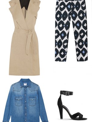 Paidanhihoja käärimällä korostat asun rentoutta. Farkkupaita 139,90 e, Gant Rugger. Kuosihousut 249 e, Max Mara. Sandaletit 310 e, Filippa K. Theoryn hihaton pellavatrenssi 535 e, netaporter.com