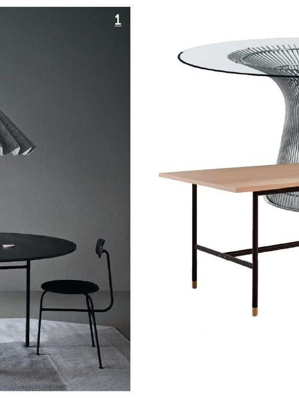 1. Menun Snaregade-pöytä ja Dancing-valaisin ovat upea kokonaisuus, Ø 140 cm, 1 844 e, Finnish Design Shop.  2. Knollin Platner-pöytä on ikuinen klassikko, 4 582 e, Vepsäläinen. 3. Tammisessa Focus-ruokapöydässä on trendikkäät, suorat, metalliset jalat, 95 x 200 cm, 599 e, Asko.
