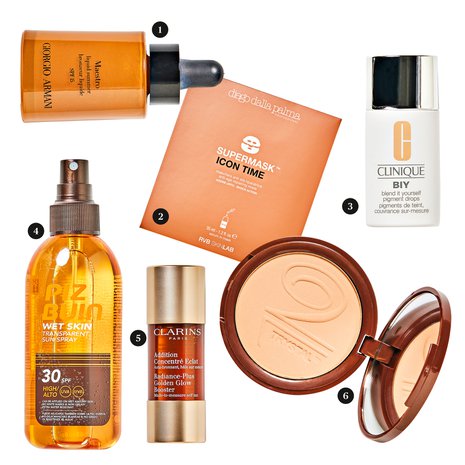 1. Giorgio Armani Maestro Liquid Summer sk 15. 69,50e/30ml. 2. Kertakäyttöinen Diego Dalla Palma Supermask Icon Time Anti-age -kuitukangasnaamio 20e/1kpl. 3. Clinique Blend It Yourself Pigment Drops -neste 37,50e/10ml. 4. Piz Buin Wet Skin Transparent Sun Spray sk 30. 21,50e/150ml. 5. Clarins Radiance-Plus Golden Glow Booster on itseruskettava tiiviste. 32e/15ml. 6. Vita Liberata Trystal Pressed Minerals on itseruskettava aurinkopuuteri. 33,90e/7g.