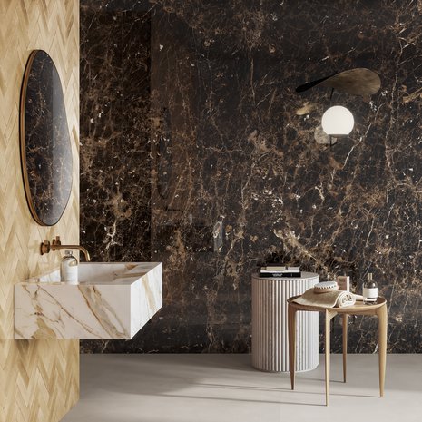 Luonnonkivi- ja marmorijäljitelmät ovat klassinen valinta, nyt niitä halutaan mm. ruskean sävyissä. Kuvassa Värisilmän keraaminen laatta Ragno Incanto Emperador.