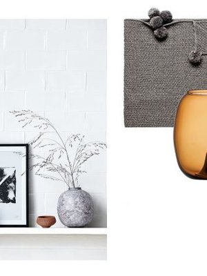 1. Täydellinen sisustussommitelma, jossa on käytetty kolmiomallia. Kaikki kuvan tuotteet kuuluvat House Doctorin valikoimiin, tuotteita myy mm. Sokos. 2. Kohoneulotun Ada-viltin reunoja koristavat suloiset pompulat, 130 x 170 cm, 89,95 e, Hemtex. 3. Ilkka Suppasen Kaasa-kynttilälyhdyn ruskea lasi tekee kynttilänvalosta vielä tunnelmallisemman, 141 x 115 mm, sävy Aavikko, 89 e, Iittala.