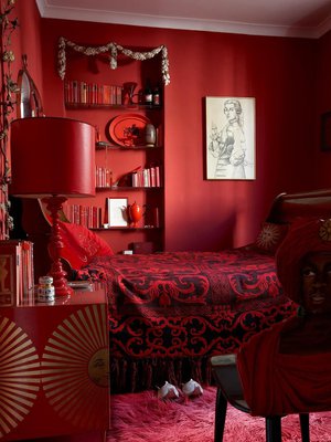 Vierashuoneeseen sisustusta hallitsee punainen väri. Jopa kirjojen nimissä esiintyy sana punainen.