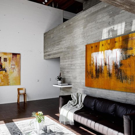 Olohuoneen suuret  keltasävyiset maalaukset Julius hankki aikoinaan balilaistaiteilijalta. Tässä kodissa oli niille vihdoin sopiva paikka. Sohva tilattiin Living Divanilta ja matto ITC Essenceltä. Cassinan keveä Mex-sohvapöytä on kaksiosainen.