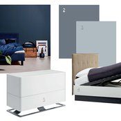 1 Suomalaisen Matrin sängynpääty alk. 339 e, matri.fi. 2 ja 3 Tikkurilan Symphony-värikartan sävyt S500 (Tyrsky) ja K498 (Valkama) ovat sinisen sävymaailman ääripäät. Molemmat sopivat makuuhuoneeseen. 4 Lugano-sängyssä on säilytystilaa, 989 e, 140 x 200cm, BoConcept. 5 Stadler Formin Oskar-ilmankostutin huolehtii hengitysilmasta makuuhuoneessa, 227,60 e, allergiakauppa.fi.