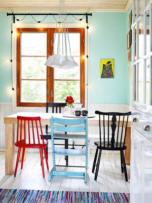Mitä jos maalaisit keittiön seinän rohkeasti vaikka mintunvihreäksi ja tuolit eri väreillä?
