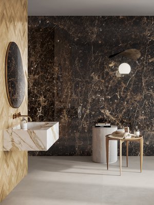 Luonnonkivi- ja marmorijäljitelmät ovat klassinen valinta, nyt niitä halutaan mm. ruskean sävyissä. Kuvassa Värisilmän keraaminen laatta Ragno Incanto Emperador.