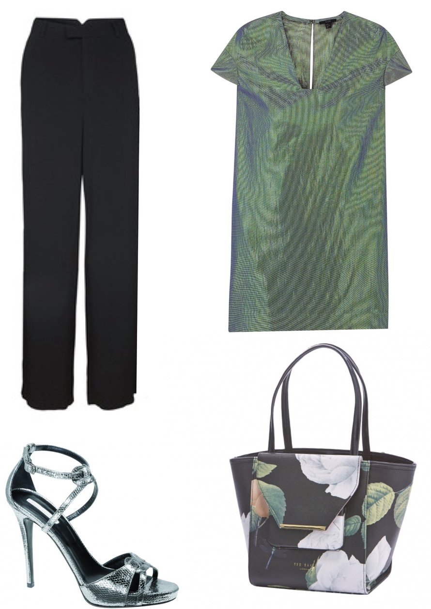 1. Leveät housut 199 e, Tiger of Sweden
2. Mekko 98 e, Cos.
3. Metallinhohtoiset, käärmekuvioiset sandaletit 445 e, Longchamp
4. Ruusukuosinen olkalaukku 179 e, Ted Baker.