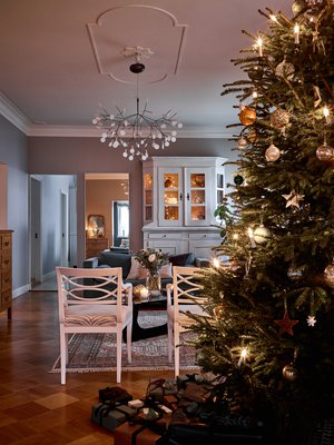 Joulukuusen latva hipoo olohuoneen kattoa. Lotta hankkii kuusen reilu viikko, joskus kaksikin, ennen joulua. Kolme valosarjaa takaavat, että puu todella tuikkii.