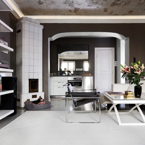 Keittiö uusittiin remontissa kokonaan ja se hankittiin Ikeasta. Jasperin peti on Boknäsiltä, mutta koira herää aina aamuisin Teemun kanssa samasta sängystä.