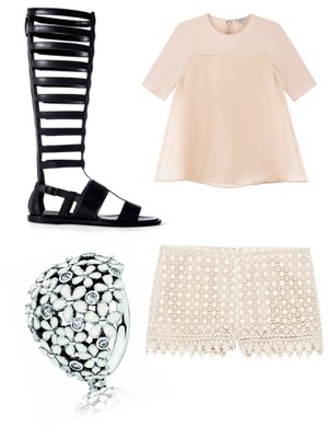 Pitkävartinen nahkasandaali 849 e, Boss. Pitsisortsit 149,90 e, Gant Rugger. Puuterinsävyinen toppi 89 e, Cos. Kukkasormus 79 e, Pandora.