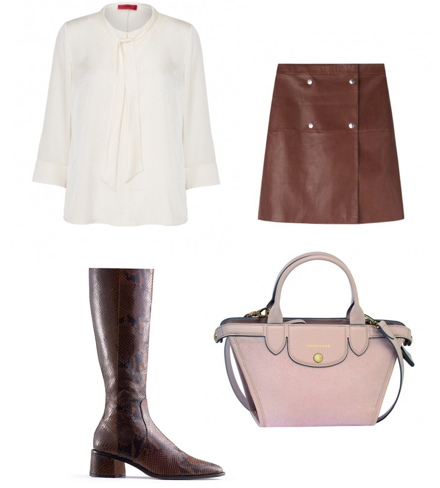 Hugo by Hugo Bossin huivikauluksinen paitapusero asustetaan retrohenkeen, 229 €. Konjakinsävyinen nahkahame 495 €, Filippa K. Longchampin klassinen Le Pliage -laukku on muodikas vaaleanpunaisena. Teräväkärkinen saapas 630 €, Tommy Hilfiger.