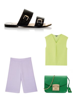 By Malene Birgerin sandaalit 259 e, MI.NO Shop. Limenvihreä toppi 69 e ja housuhame 99 e, Cos. Pieni nahkainen ketjulaukku 260 e, Furla.