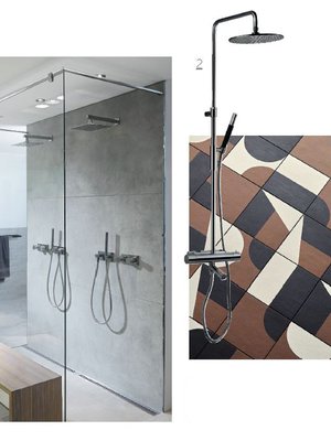 1. Unidrain-linjalattiakaivo mahdollistaa suurien lattialaattojen tyylikkään käytön kylpytiloissa, unidrain.fi. 2.  Tapwellin TVM2200-150 -suihkusekoittaja on trendikästä mustaa kromia, 1 749 e, tapwell.fi. 3. Italialainen Mutinan Puzzle-laattasarjan ovat suunnitelleet Edward Barber ja Jay Osgerby, Img Interiors ja ABL-laatat.