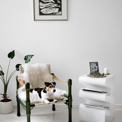 Vihreä safarituoli on Nooa-koiran lempipaikka. Wave-pikkupöytä on Betten BEdesignin mallistoa.