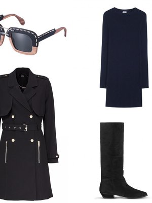 Pradan nahkasomisteiset aurinkolasit 655 e. Ribattu neulemekko 190 e ja mokkanahkaiset saappaat 340 e, Filippa K. Trenssissä on huomiotaherättävät vetoketjutaskut 89,95 e, Ellos.