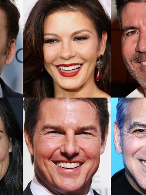 Näillä kalustoilla kelpaa hymyillä. Vasemmalta ylhäältä Nicholas Cage, Catherine Zeta-Jones, Simon Cowell, Demi Moore, Tom Cruise ja George Clooney