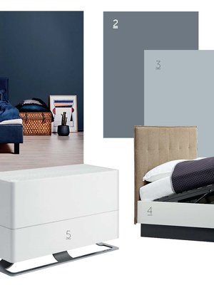 1 Suomalaisen Matrin sängynpääty alk. 339 e, matri.fi. 2 ja 3 Tikkurilan Symphony-värikartan sävyt S500 (Tyrsky) ja K498 (Valkama) ovat sinisen sävymaailman ääripäät. Molemmat sopivat makuuhuoneeseen. 4 Lugano-sängyssä on säilytystilaa, 989 e, 140 x 200cm, BoConcept. 5 Stadler Formin Oskar-ilmankostutin huolehtii hengitysilmasta makuuhuoneessa, 227,60 e, allergiakauppa.fi.
