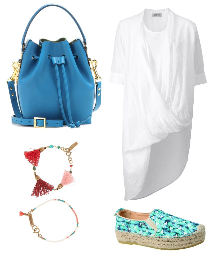 Sophie Hulmeen nahkainen bucket-laukku 725 e, mytheresa.com. Isabelle Marantin tuplarannekoru 140 e/2 kpl, net-a-porter.com. Espadrilloksissa on korokepohja 215 e, Longchamp. Puuvillainen paitamekko 169 e, Hunkydory.