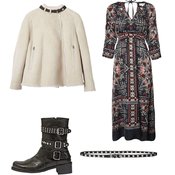 Lyhyt kelsitakki 1390 e, Hunkydory. Maksimekko 329 e, Odd Molly. Niittivyö 105 e, Filippa K. Biker-saapas 349 e, Sand.