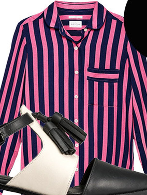 Raidallinen paitapusero 169,90 e, Gant Rugger. Kävelykengät 34,99 e, H&M. Pitkä kaulaketju 185 e, Georg Jensen.