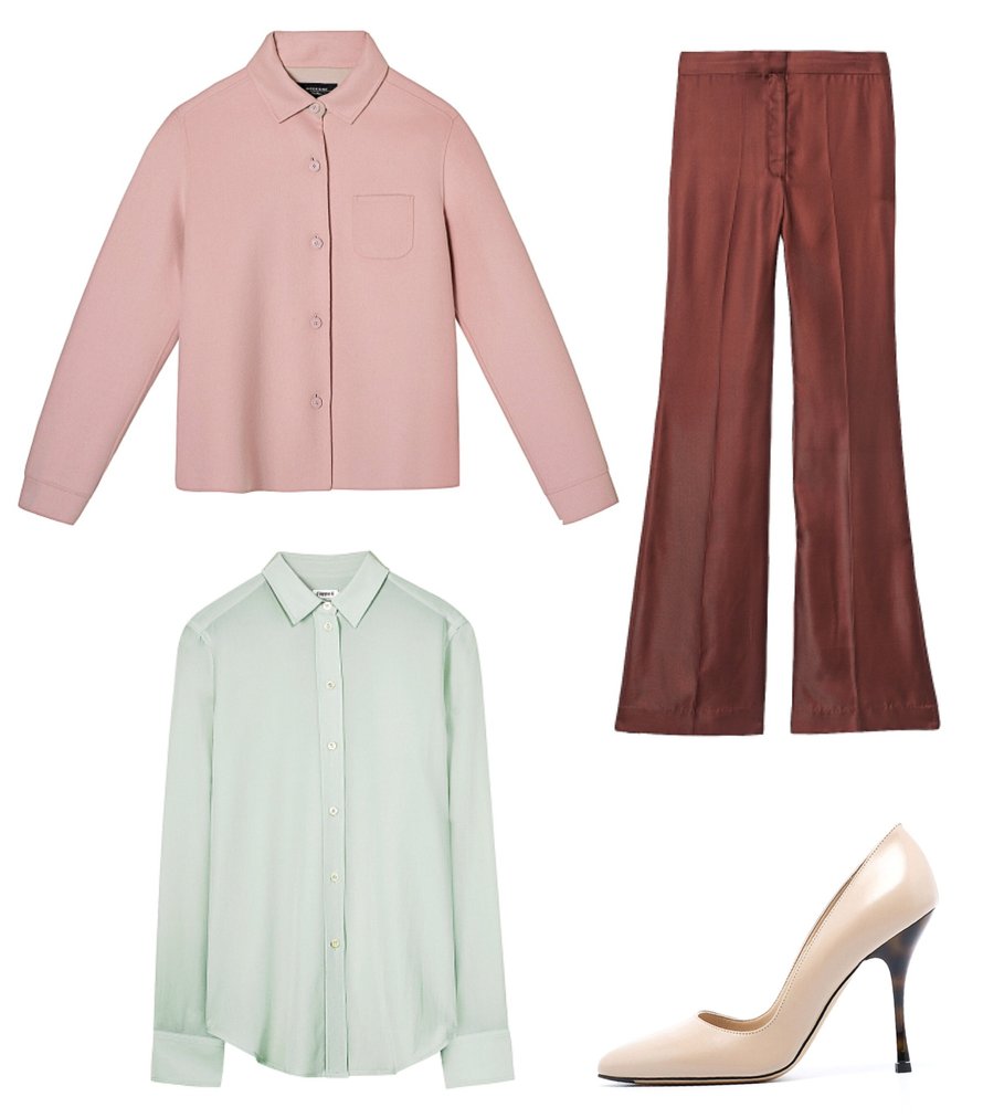 Villasekoitejakku 399
e, Weekend by Max Mara. Tiilenpunaiset housut 59,90
e, H&M. Silkkipaitapusero 165
e, Filippa K. Puuterinsävyiset avokkaat 445
e, Max Mara.