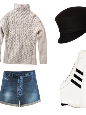 Palmikkoneule 325 e, ’S Max Mara. Kipparilakki on villaa 34,99 e, Esprit. Farkkusortsit 140 e, Diesel. Superstar-varsitennarit 140 e, Adidas Originals.