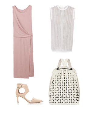 Trikoomekko 165 e, Filippa K. Verkkokankainen minimekko 89 e, Cos. Sigerson Morrisonin nilkkaremmikengät 349 e, MI.NO Shop. Nahkareppu 525 e, Furla.