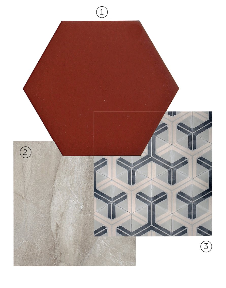 1 Kake Natura -klinkkerilaatta soveltuu seiniin ja lattioihin, koko 10 x 10 cm, hinta 128,80 e/m2, Kaakelikeskus. 2 Royale Lux -laatta jäljittelee ylellistä marmoria, 60 x 60 cm, hinta 82 e/m2, Värisilmä. 3 Popham designin sementtilaatta on 12 mm paksu, eikä siksi sovellu ihan kaikkialle, 20 x 20 cm, 160 e/m2, Marrakech design.