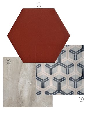 1 Kake Natura -klinkkerilaatta soveltuu seiniin ja lattioihin, koko 10 x 10 cm, hinta 128,80 e/m2, Kaakelikeskus. 2 Royale Lux -laatta jäljittelee ylellistä marmoria, 60 x 60 cm, hinta 82 e/m2, Värisilmä. 3 Popham designin sementtilaatta on 12 mm paksu, eikä siksi sovellu ihan kaikkialle, 20 x 20 cm, 160 e/m2, Marrakech design.