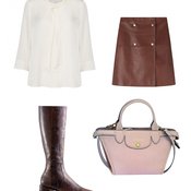 Hugo by Hugo Bossin huivikauluksinen paitapusero asustetaan retrohenkeen, 229 €. Konjakinsävyinen nahkahame 495 €, Filippa K. Longchampin klassinen Le Pliage -laukku on muodikas vaaleanpunaisena. Teräväkärkinen saapas 630 €, Tommy Hilfiger.
