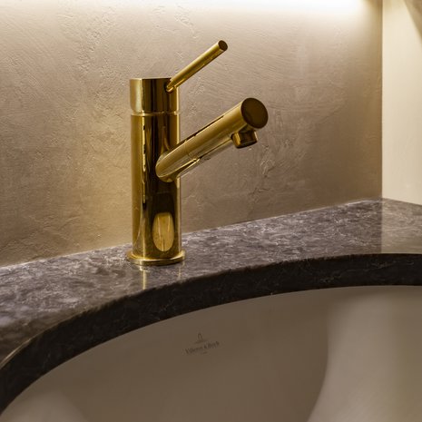 Villeroy & Bochin Loop & Friends -posliiniallas on muodoltaan ovaali ja sopii siksi hyvin kapeaan tilaan. Messinkinen hana on Tapwellin.