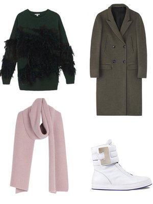 Muhkea hapsuneule 150 e, Cos. Ribattu villakashmirhuivi 235 e, Arela. Varsitennarit 295 e, Lumi. Kaksirivinen villakangastakki 485 e, Filippa K.