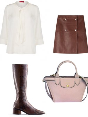 Hugo by Hugo Bossin huivikauluksinen paitapusero asustetaan retrohenkeen, 229 €. Konjakinsävyinen nahkahame 495 €, Filippa K. Longchampin klassinen Le Pliage -laukku on muodikas vaaleanpunaisena. Teräväkärkinen saapas 630 €, Tommy Hilfiger.