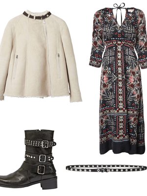 Lyhyt kelsitakki 1390 e, Hunkydory. Maksimekko 329 e, Odd Molly. Niittivyö 105 e, Filippa K. Biker-saapas 349 e, Sand.