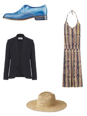 A Pairin nahkaiset kävelykengät 295 e, MI.NO Shop. Halterneck-mekko 120 e, Filippa K. Lierihattu 105 e, Filippa K. Smokkitakki 449 e, Boss.